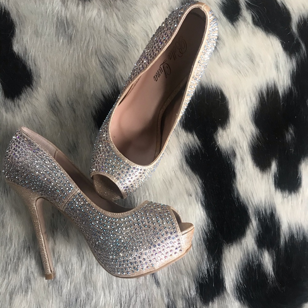 Bella Luna Champagne rhinestone peep toe heels